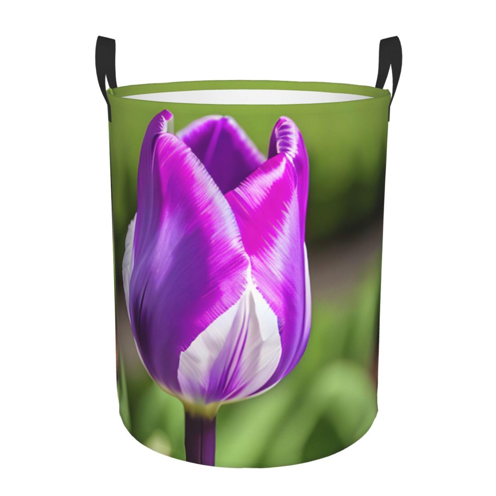 M Collapsible Round Purple Tulip Print Laundry Hamper