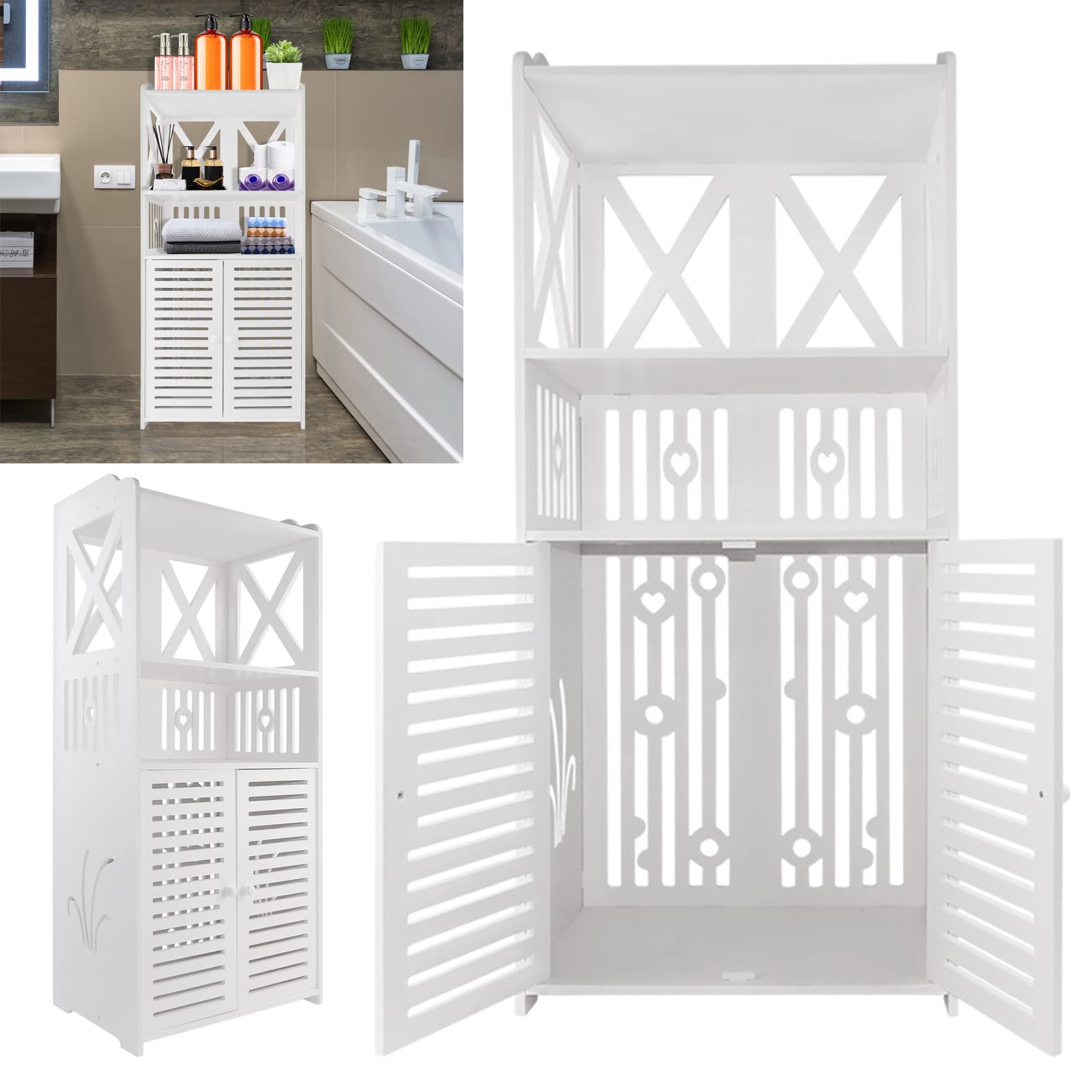 Bathroom Storage Unit, Waterproof Bathroom Storage Cabinet Free Standing Toilet Roll Storage Organizer Unit, 3 Open Shelves Double Doors Bathroom Floor Storage Cupboard, White, 15.7”x9.8” x35.4” — image 1