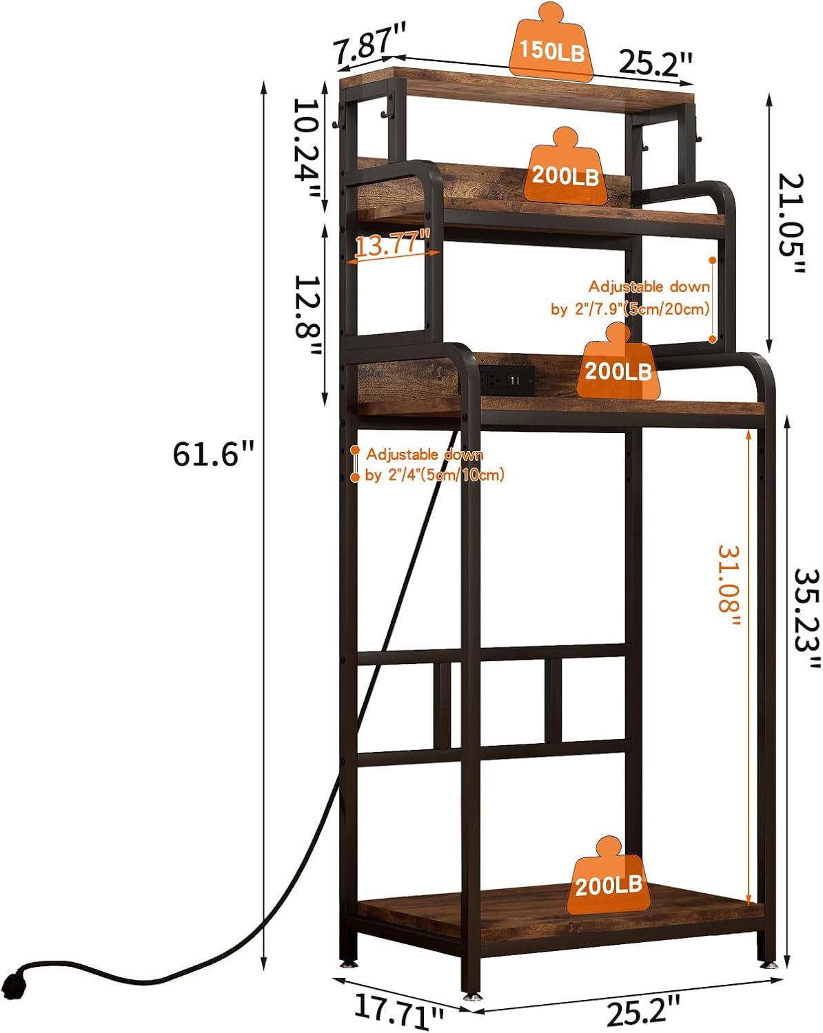 Bakers Rack with 4-Tier Mini Adjustable Shelves and Power Outlet, Heavy-Duty Metal Frame Kitchen Shelf Organizer, Mini Fridge & Microwave Stand for Kitchen, Dorm, Living Room, Walnut Brown