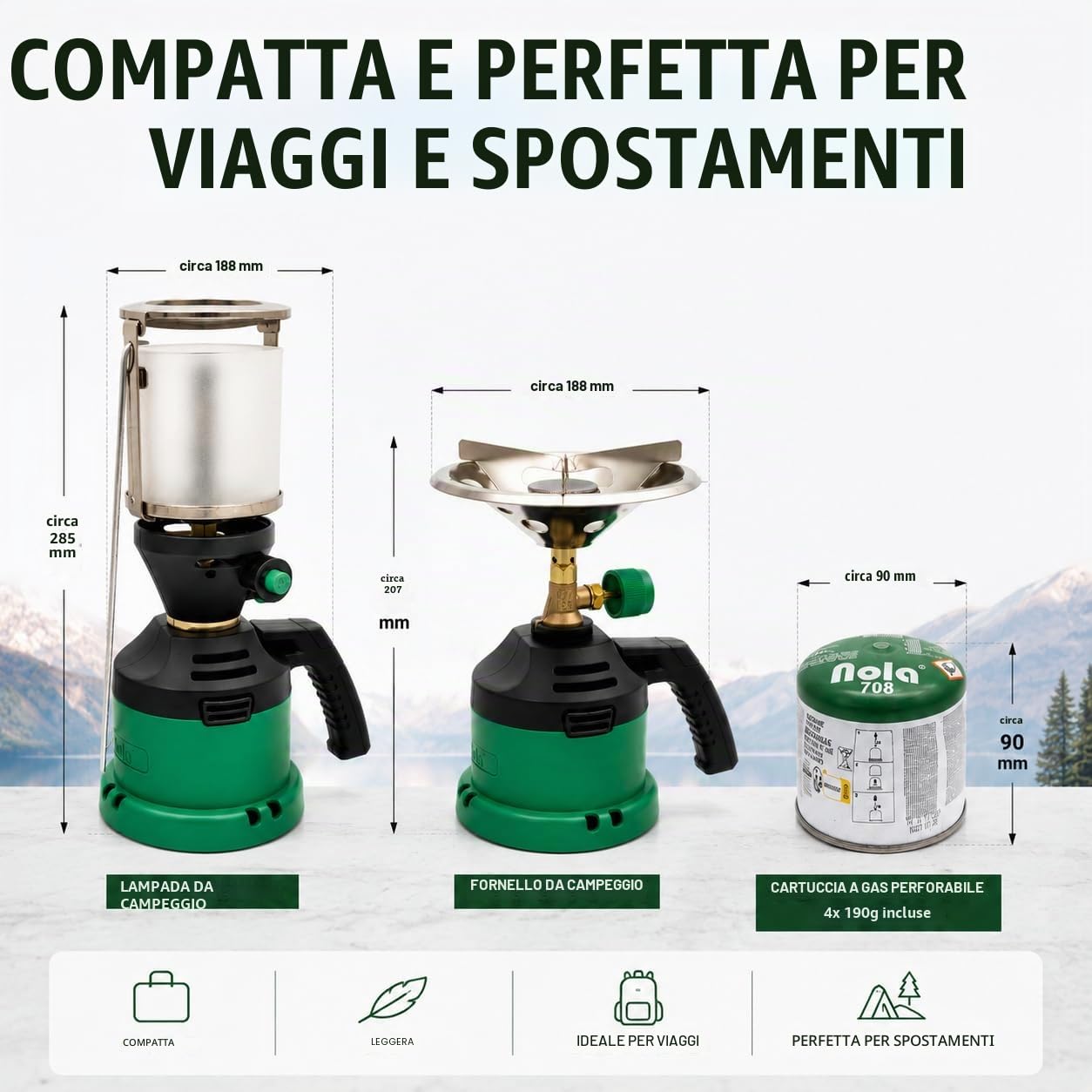 NOLA Set da campeggio + fornello a gas + 4 cartucce di gas pungente + lampada