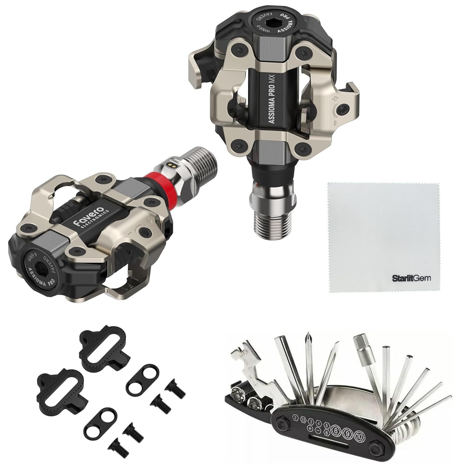 Favero Assioma Pro MX Upgraded Single and Dual Sided Power Meter Pedals Bundled with Extra SPD Cleats, Multi Tool Kit and Cleaning Cloth