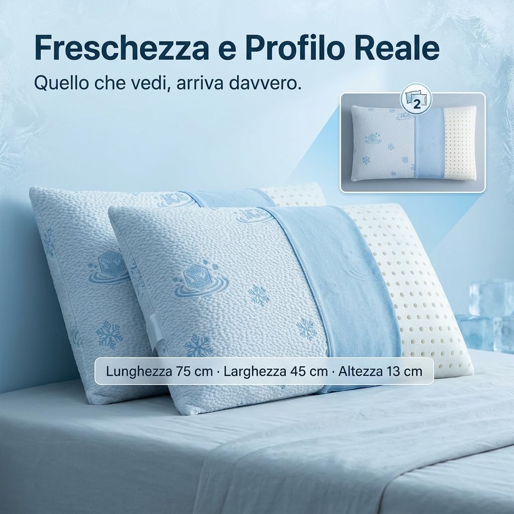 Marivor Set 2 Cuscini Memory Foam Rinfrescanti per Letto, Guanciali Freschi Traspiranti con Fodera Cooling Sfoderabile e Lavabile, Supporto Medio, 75x45x13 cm