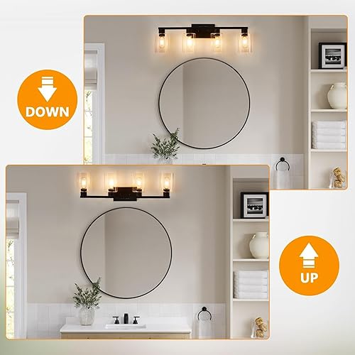 Miniatura 7 de Lámpara de tocador de baño de 4 luces, lámpara negra de tocador de baño con pantalla de vidrio transparente, accesorios de iluminación de baño sobre
