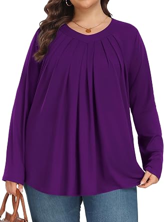 Tencede Womens Plus Size Tops Long Sleeve Shirts V Neck Tunic Blouses 1X-5X