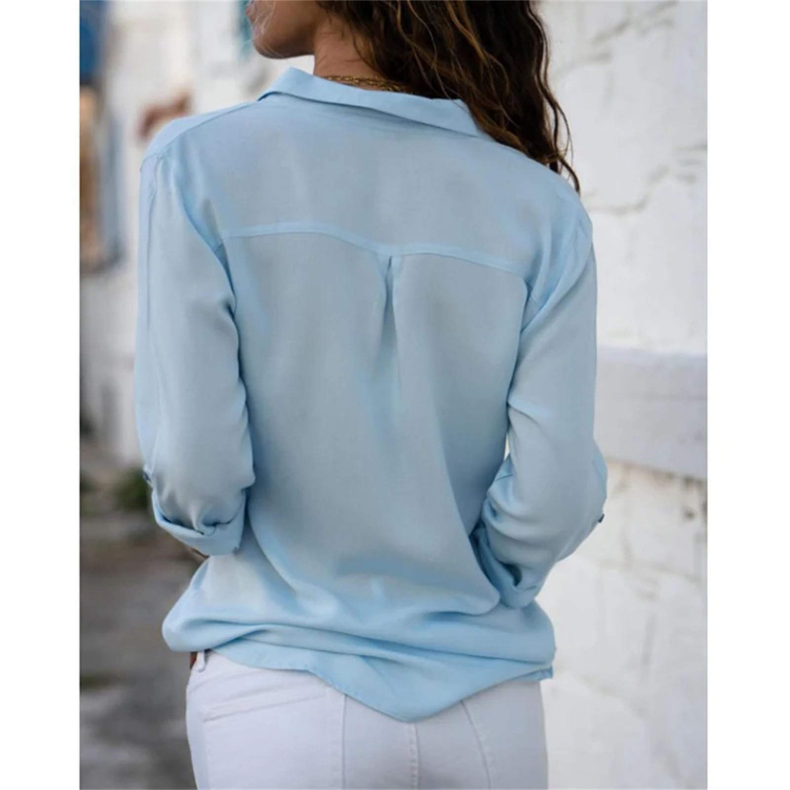 Blusa vintage para mujer, holgada, con botones, sencilla, lisa, de manga larga