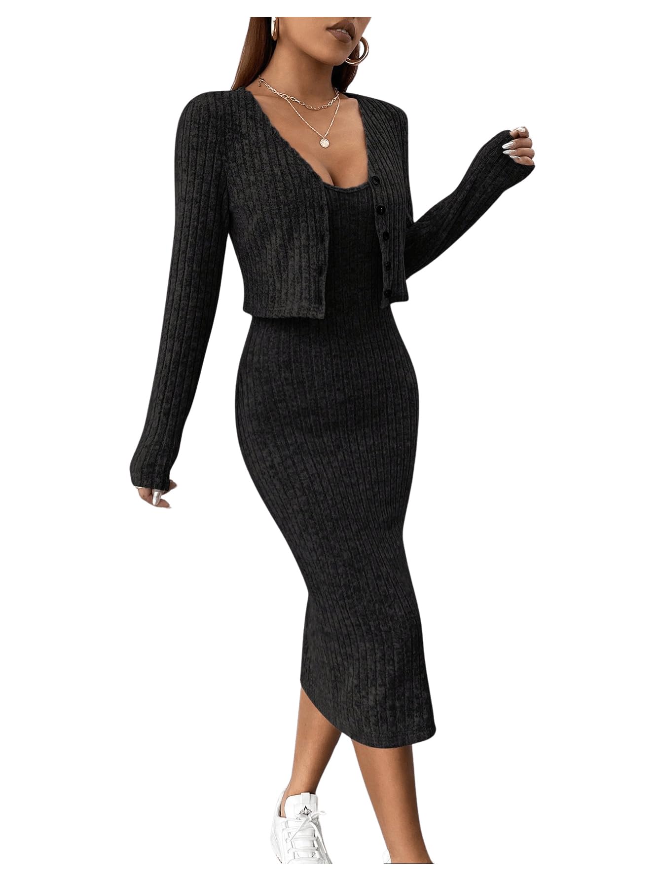 GORGLITTER Rippenstrick Kleid Damen Kleid Mit Jacke Set Elegant Zweiteiler Cami Kleid Mit Schlitz 2 Teiler Kleid