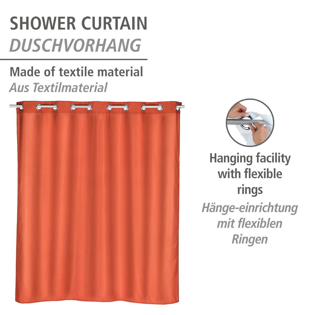 WENKO Portugal Douchegordijn, textielgordijn voor de badkamer, met ringen voor bevestiging aan de douchestang, wasbaar, waterafstotend, 180 x 200 cm