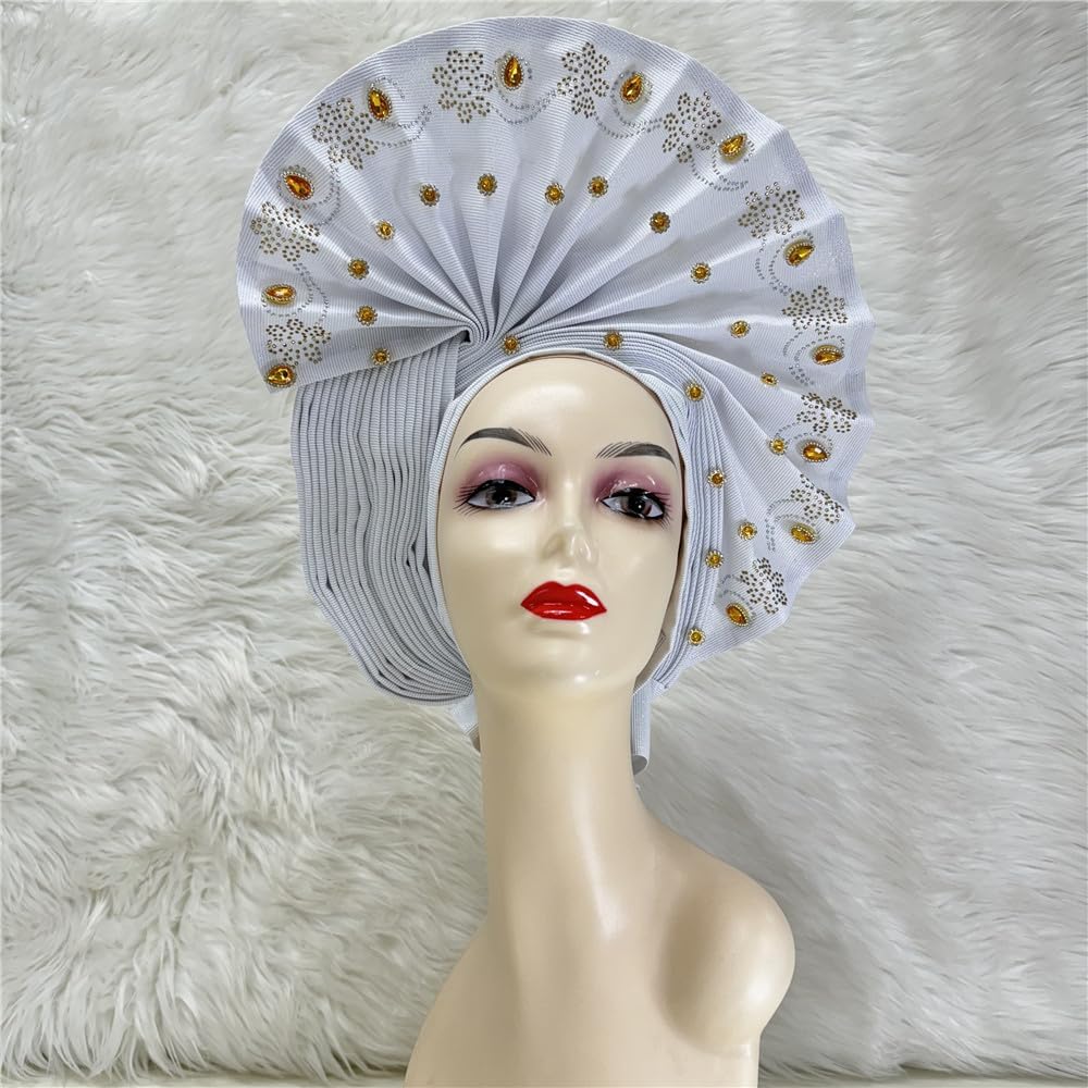 Nigerian Gele Headtie African Head Wraps ASO Oke Gele Already Made Auto Gele African Turban Cap for Party. (White)