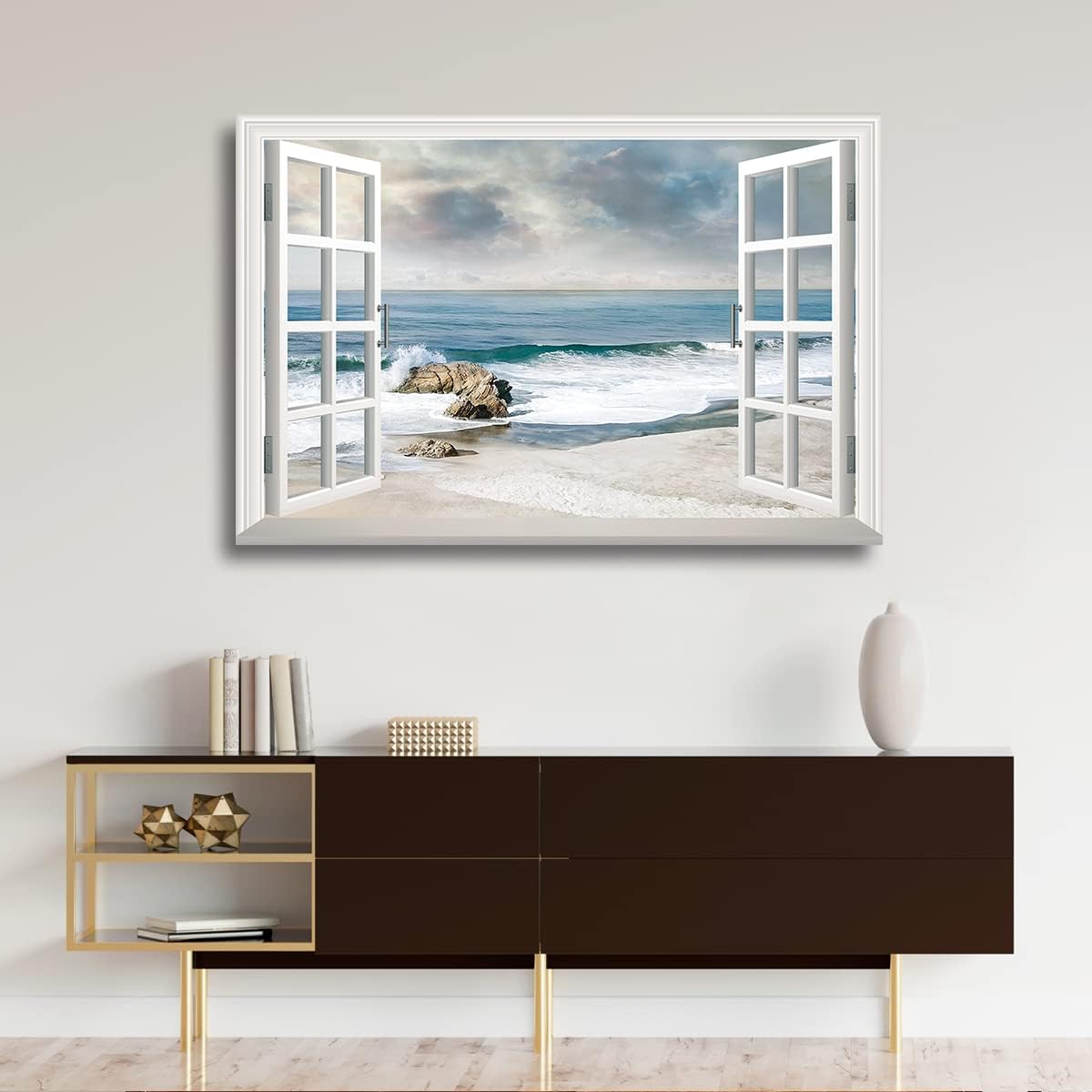 Renditions Gallery Nature Wall Prints Window View Decor for Home Awash on the Sandy Beach Shore Canvas Hanging Pictures for Bedroom Office Home Decorations - 18"X27" LT04