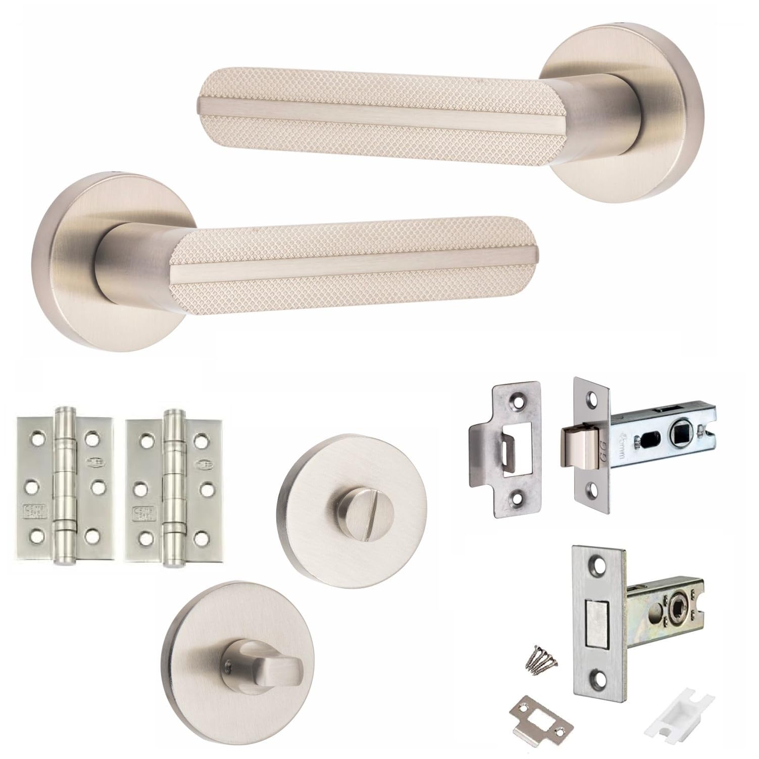 Golden Grace Lima Knurled Door Handle Set - Satin Nickel - Modern Bathroom Hardware