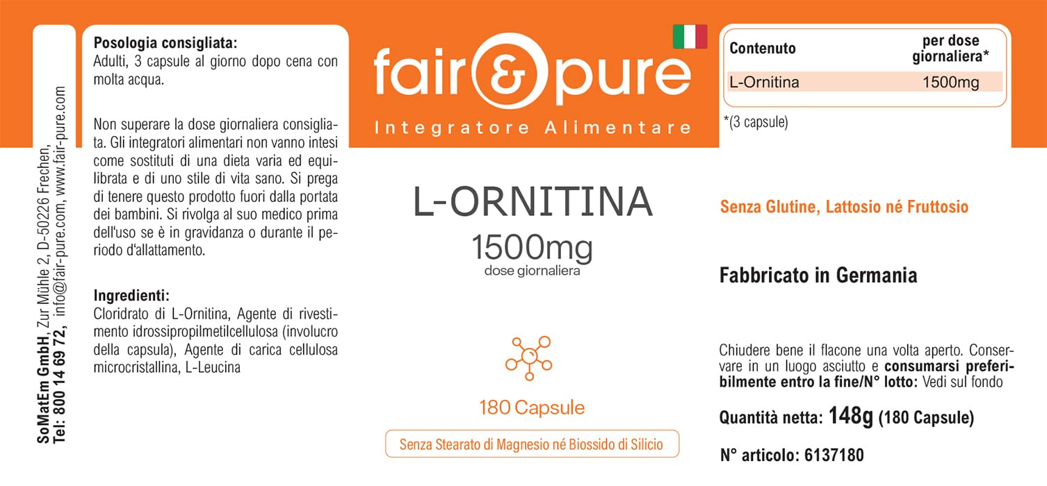 Fair & Pure® - L-Ornitina 1500mg per dose giornaliera - Aminoacido Vegano - Alto dosaggio - 180 Capsule