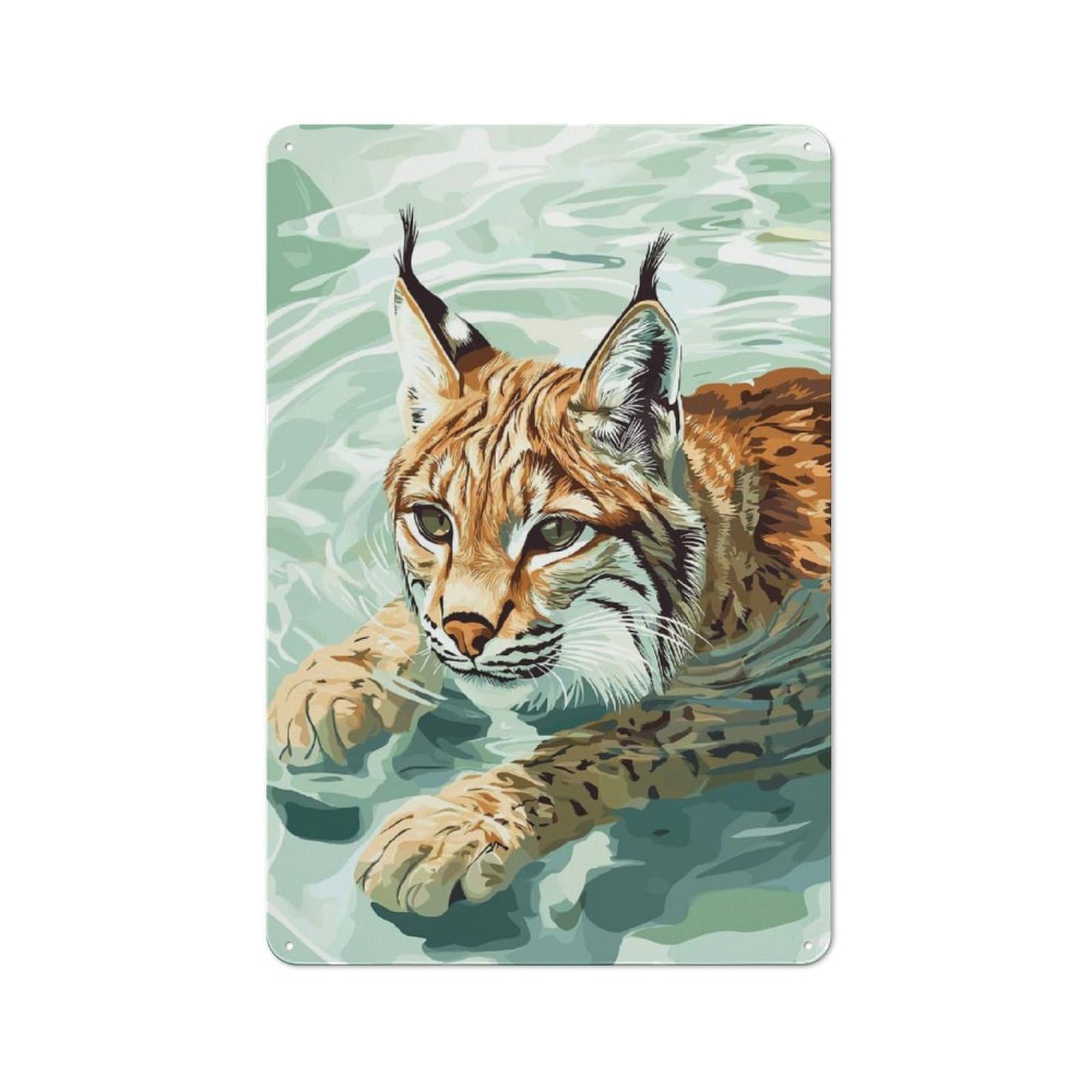 Junmoney Style-14 For Living Room Or Hallway, Lynx Swimming In Water Digital Art Vintage Metal Plaque 30X20cm, For Vintage Wall Decor Fans, For Metal Sign Collectors