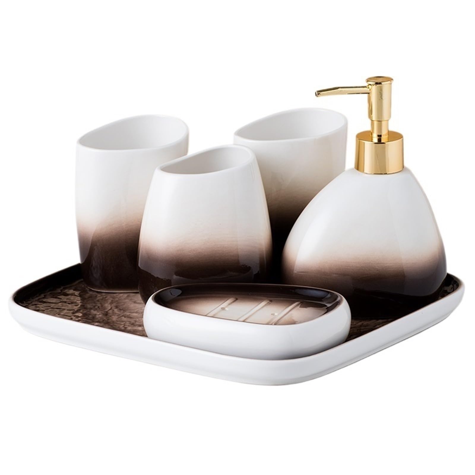 Soap Dispenser Bathroom Toiletries Set 6 Pcs Include: Lotion Soap Dispenser,Mouthwash Cups,Toothbrush Holder,Soap Dish And Tray(Bruin)