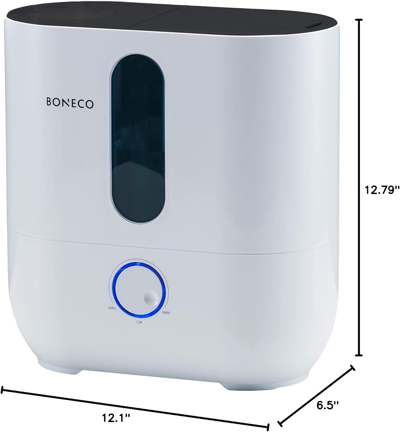Diagram showing the dimensions of the BONECO U310 Humidifier: 12.1 inches wide, 6.5 inches deep, and 12.79 inches tall.