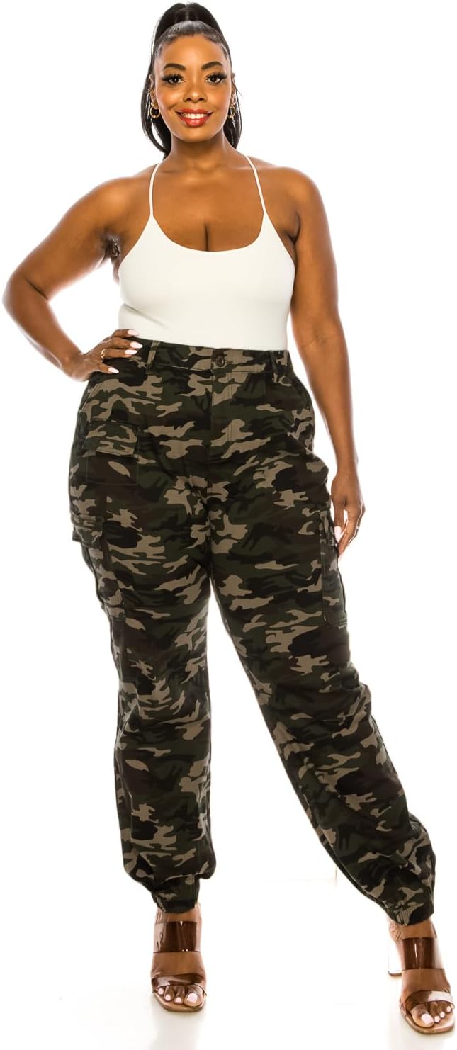 Double Denim January 5th Women's Plus Size High Waist Camouflage Cargo Jogger Elastic Waistband Casual Tapered Pants