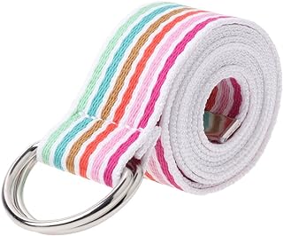 Feamos Stripe Belts for Women Waist Belt for Shorts with Double D-Ring Buckle Canvas Casual (White & Rainbow)
