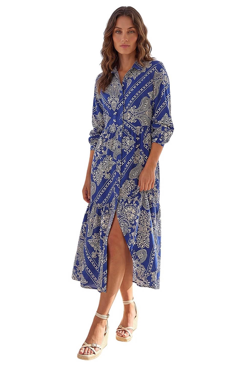 Roman Originals Women's Petite Cobalt Shirt Dress For Uk- Long Sleeve Belted Collared Midi Maxi Winter Autumn Smart Casual Button Through Evening Office A Line Swing Skater - Size 14