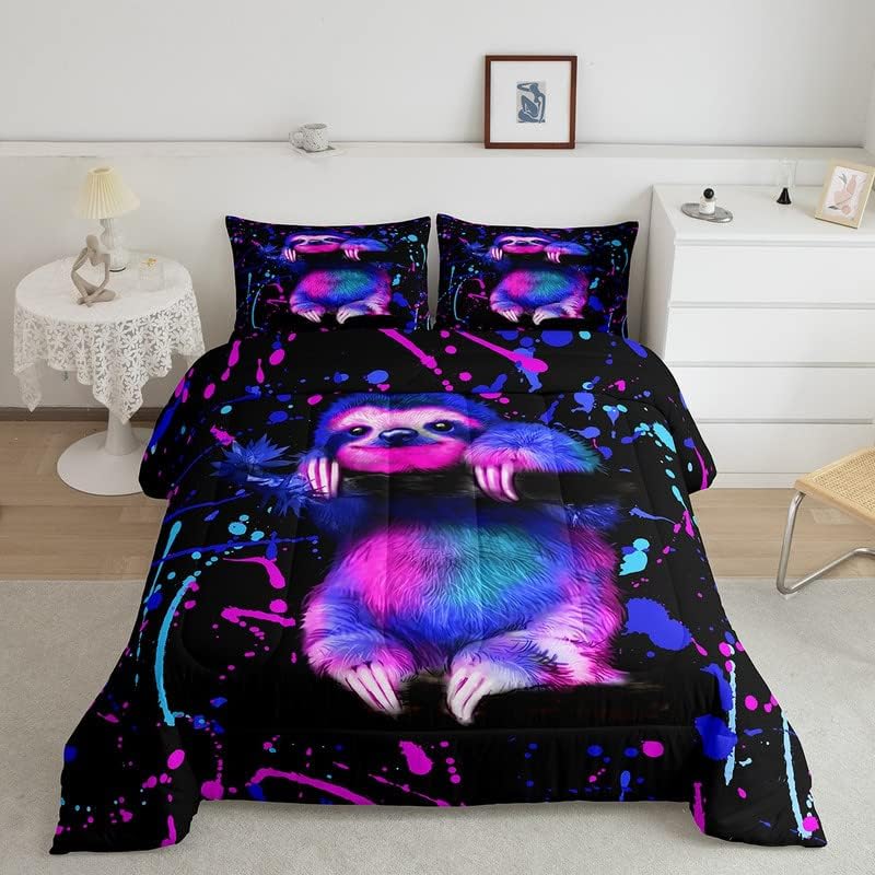 Feelyou Graffti Sloth Bedding Set Cute Sloth Comforter Set Colorful Cartoon Sloth Comforter for Boys Girls Teens Kawaii Animal Duvet Set King Size with 2 Pillow Case Boys Multi 26 King