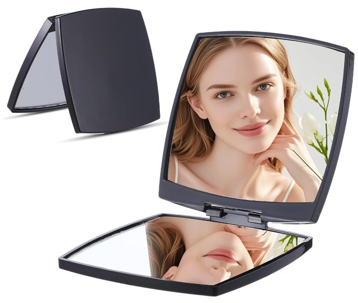 Mpowtech Magnifying Compact Cosmetic Mirror for Purse, Folding Vanity Mini Pocket Mirror,Handheld 2 x 1x Magnification Small Travel Makeup Mirror (Black-Square)