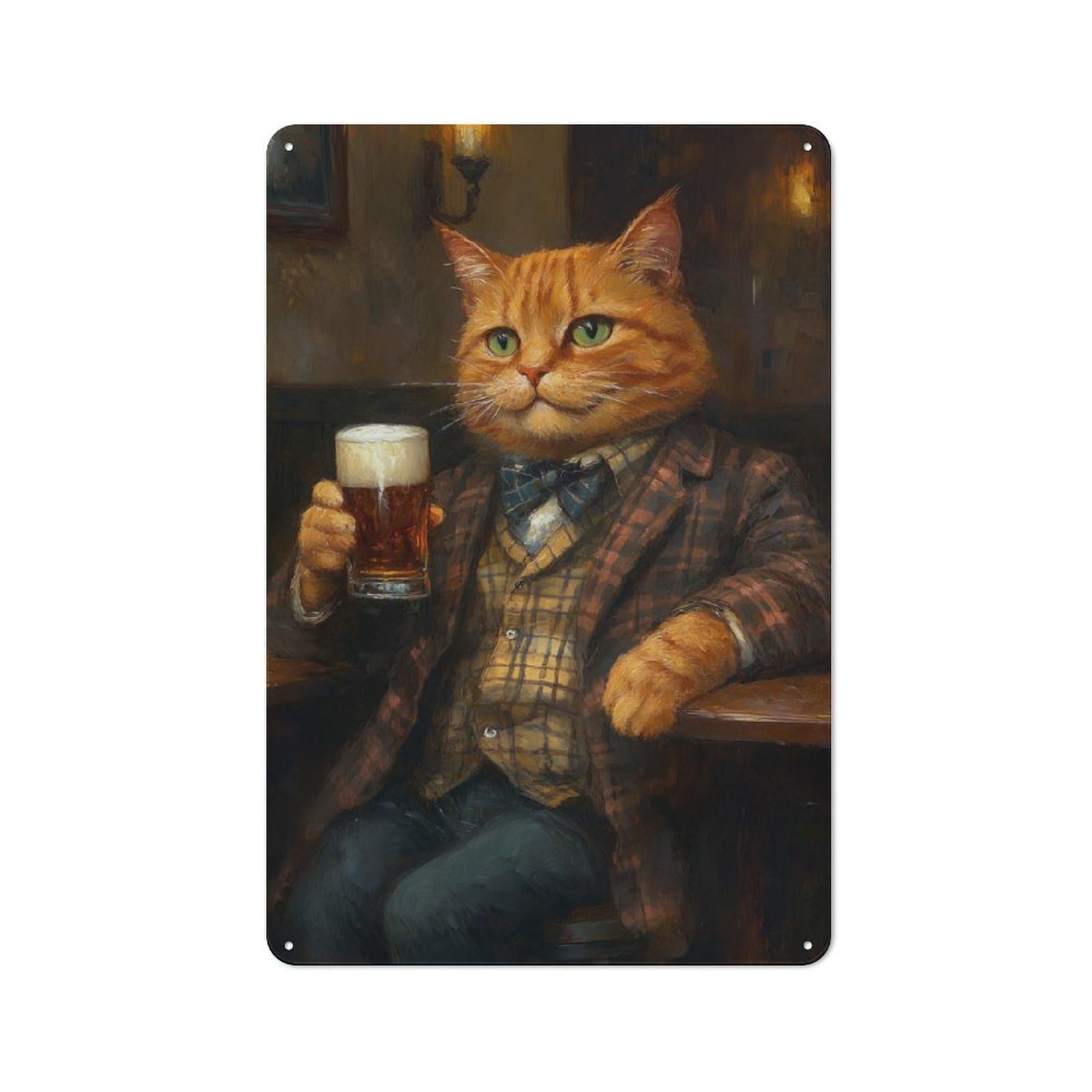 Orange Tabby Cat in A Pub Holding A Beer Decorative Metal Plaque 30x20cm, Clean Industrial Industrial Wall Decor for Modern Home, Workshop, Office Or Cafe