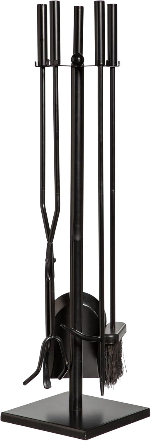Evergreen 5 Piece Hand Forged Iron Fireplace Tool Set 30" | Black Wrought Iron Handle for Outdoor Indoor | Stand Poker Shovel Brush Log Tongs Wood Stove Accessory