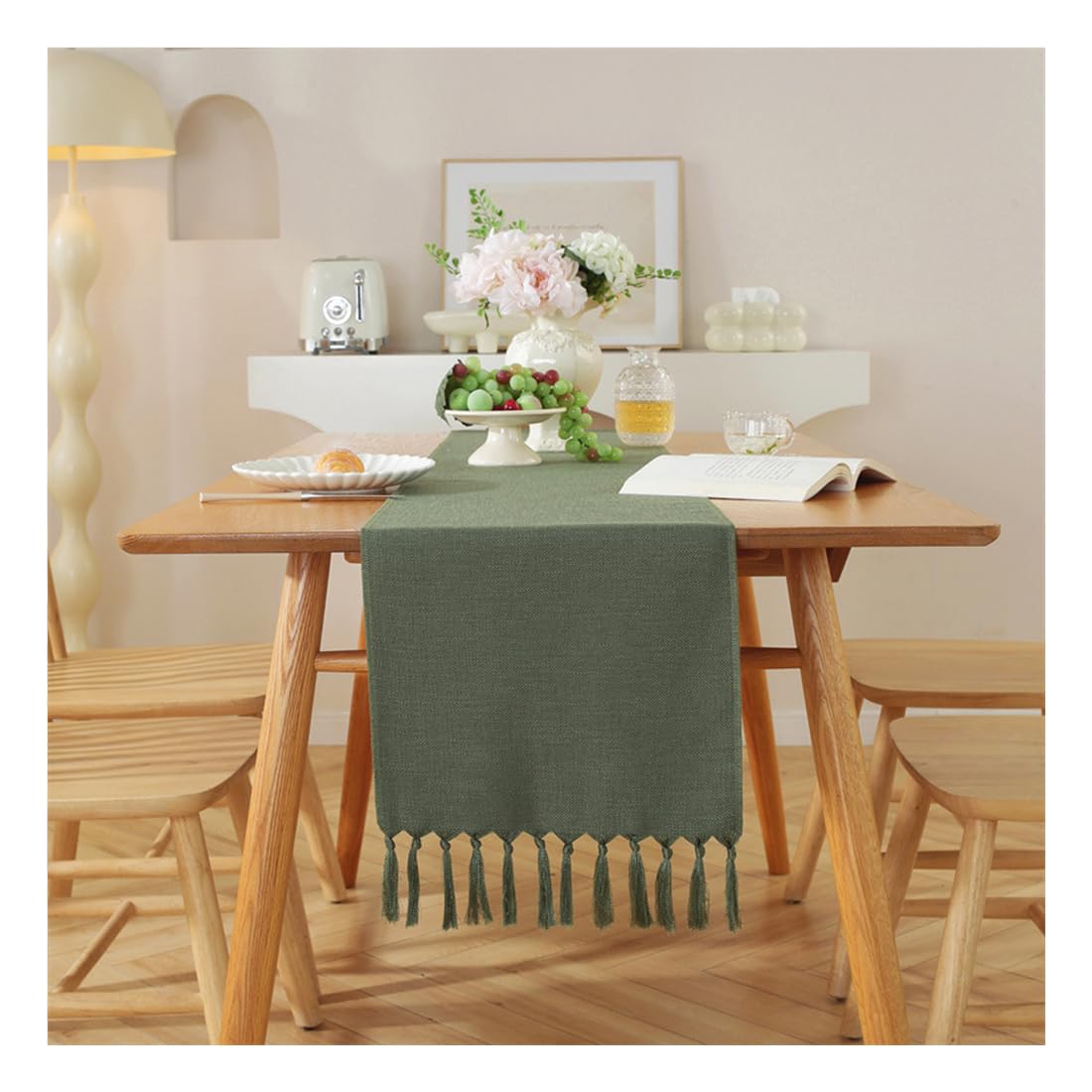 NIUSABOU Kitchen Dining TableDecoration, Solid Color Table Runner With Fringe, Coffee Cover, Multicolor, 33x(92-275) cm(Green,33x228cm(12.9x89.7in))