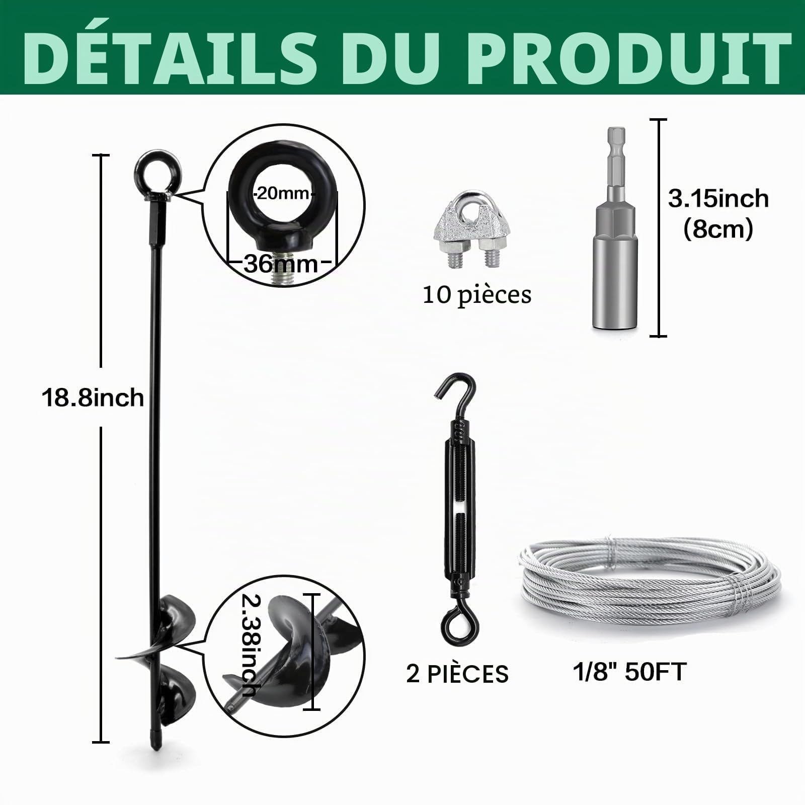 Kit d’Ancrage au Sol 45cm avec 15M Câble Acier & Tendeurs, Lot de 4 Robustes Ancrages de Terre, Kit d’Haubanage Extérieur Contre Le Vent pour Abri de Jardin et Serre, Trampoline, Tonnelle, Tente