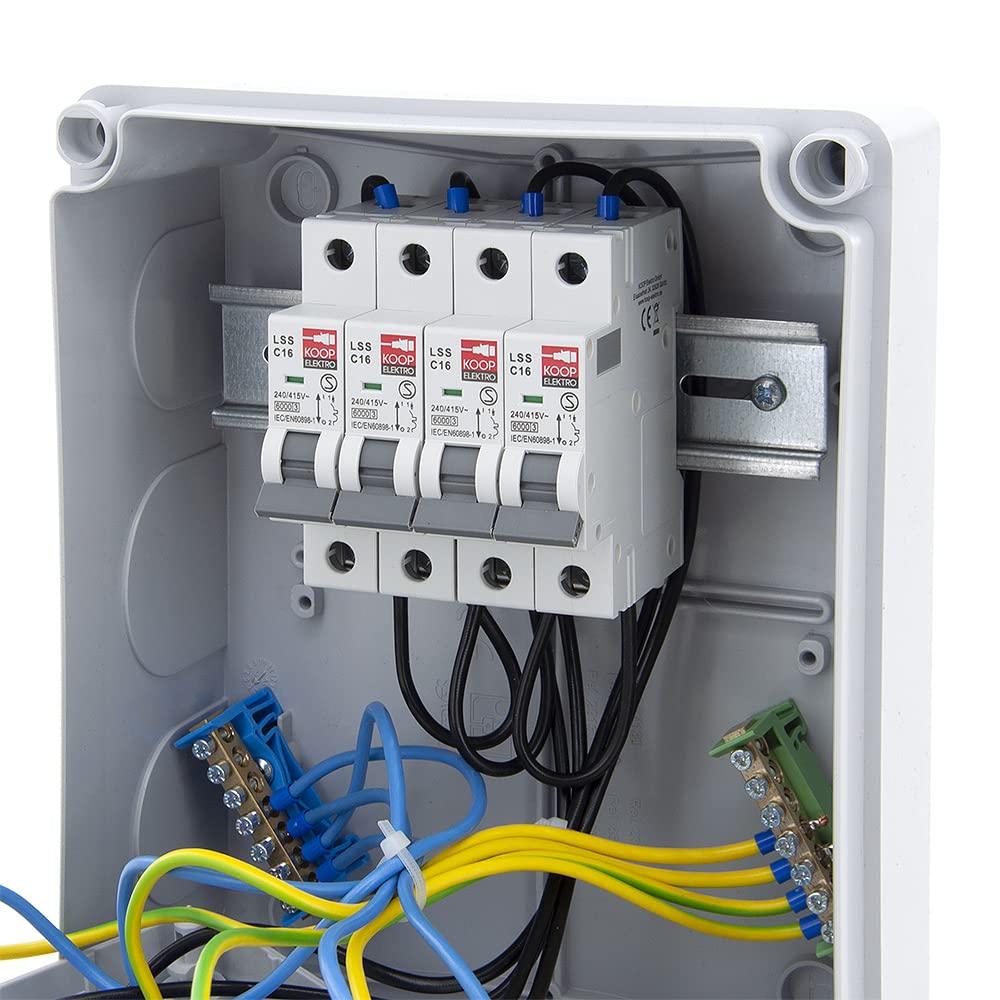 ELS Elektrotechnika Distributore di corrente di fabbrica da parete con spina Schuko, 4 x 230 V + 4 x LS C16, pronto per collegamento, cablato, per officine, stabilimenti, uso interno ed esterno, IP54