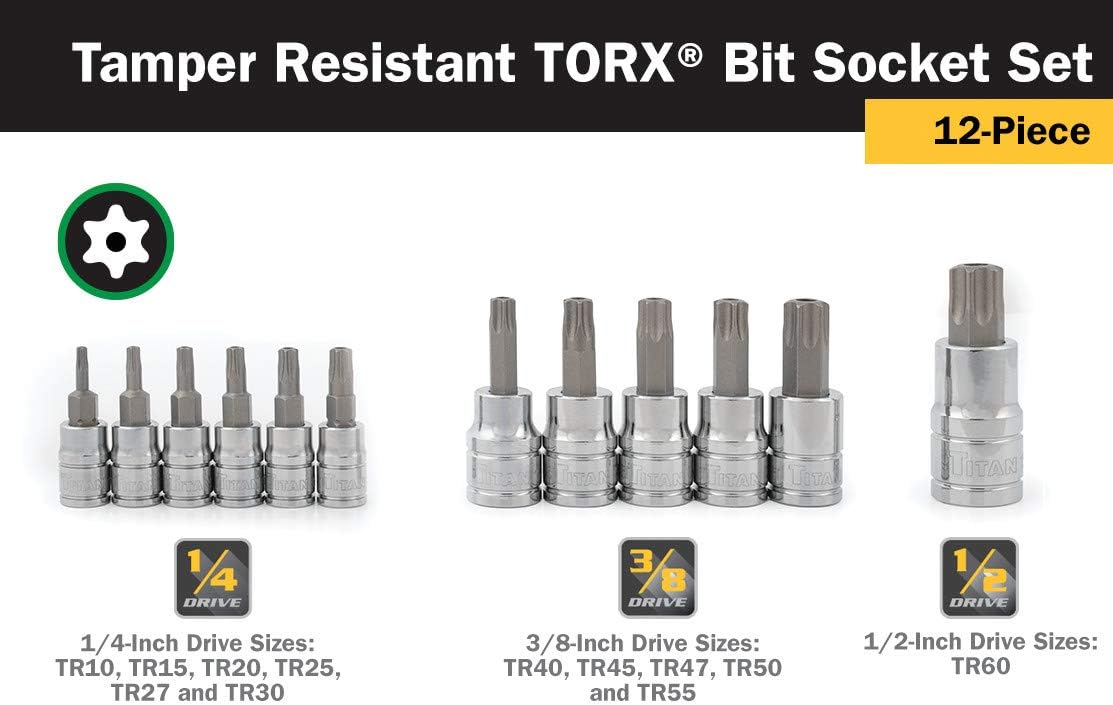 Titan 16121 12-Piece Tamper Resistant Torx Bit Socket Set, Magnetic Socket Organizer with Laser-Etched Size Markings