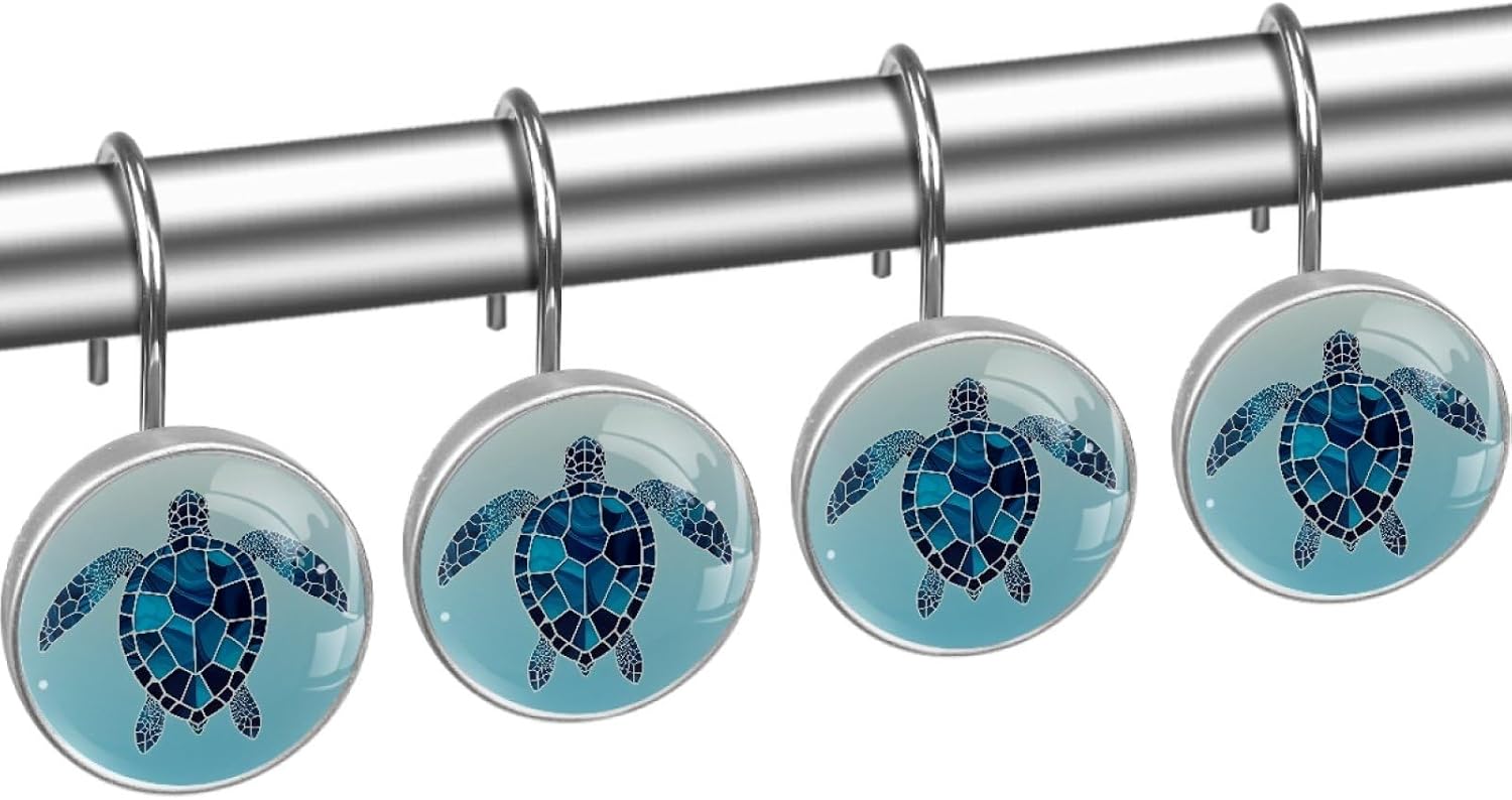 Sea Turtle Shower Curtain Hooks Rings, Round 12 Pcs Resin Glass Shower Curtain Hangers for Bathroom, Rust Proof Stainless Steel Shower Hooks for Shower Curtain Rod