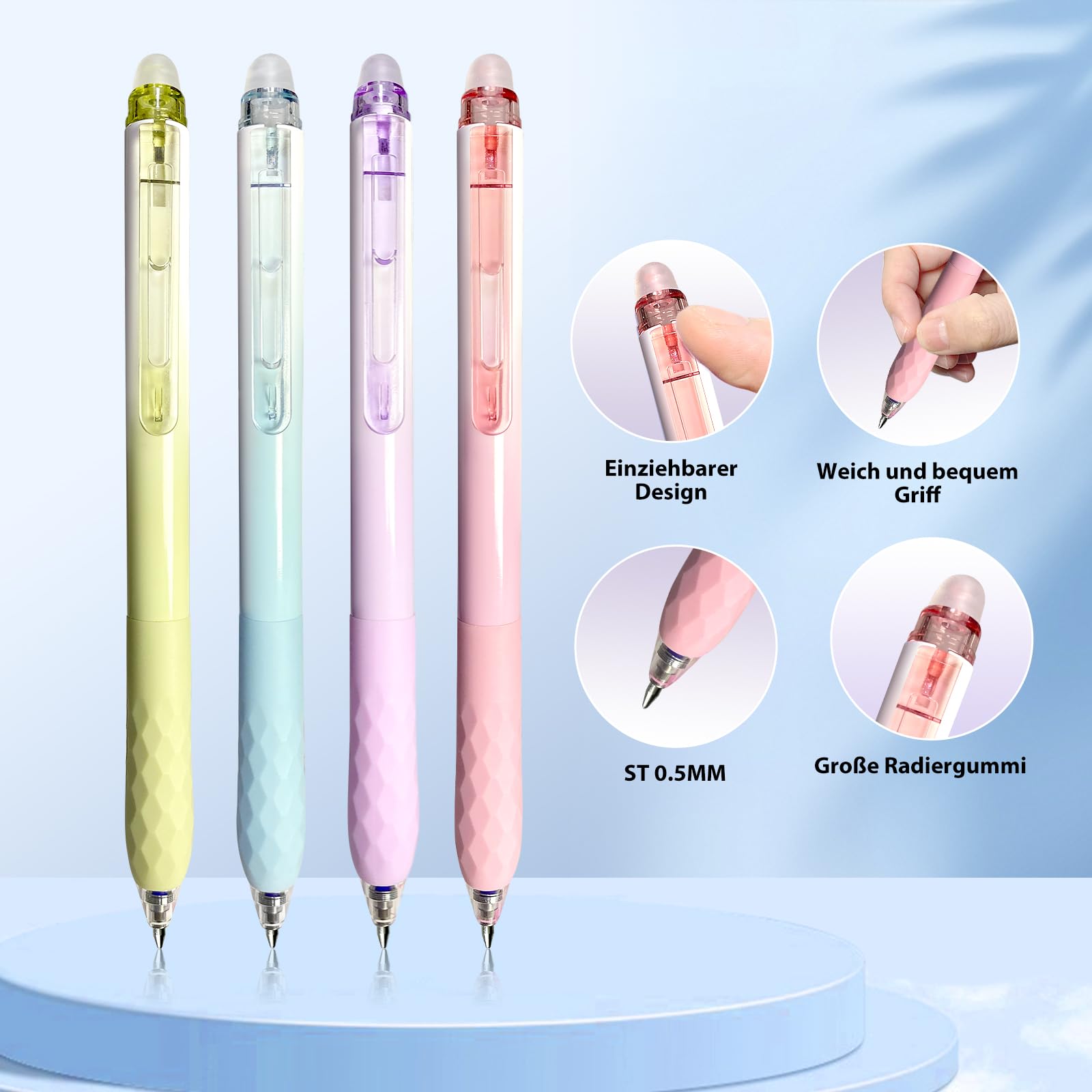 Joyan 4 stuks uitwisbare gelpen, 0,35 mm, uitgumbare balpen, grappige scholierenbalpen met 10 vullingen, kantooraccessoires, schoolspullen (zwart, blauw