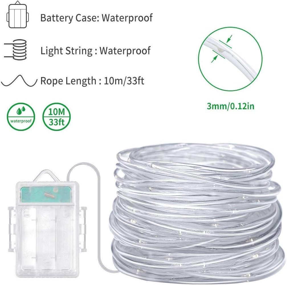 Govee Indoor Christmas Decor Rope Lights with Remote Control, 33 Ft Led Rope Lights Warmwhite Waterproof 8 Modes Timer Battery Operated Outdoor String Lights for Wedding Party Landscape Lighting