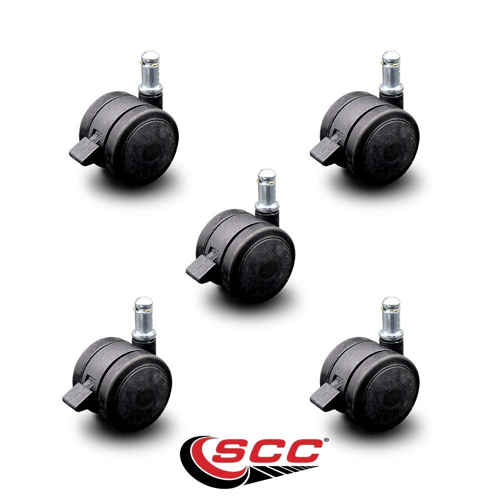 2 Inch Office Chair Stem Casters Set of 5 - Black Thermoplastic Rubber Twin Wheel with 7/16 Inch by 7/8 Inch Grip Ring Stem Casters and Brakes - 375 lbs. Total Capacity - Service Caster Brand