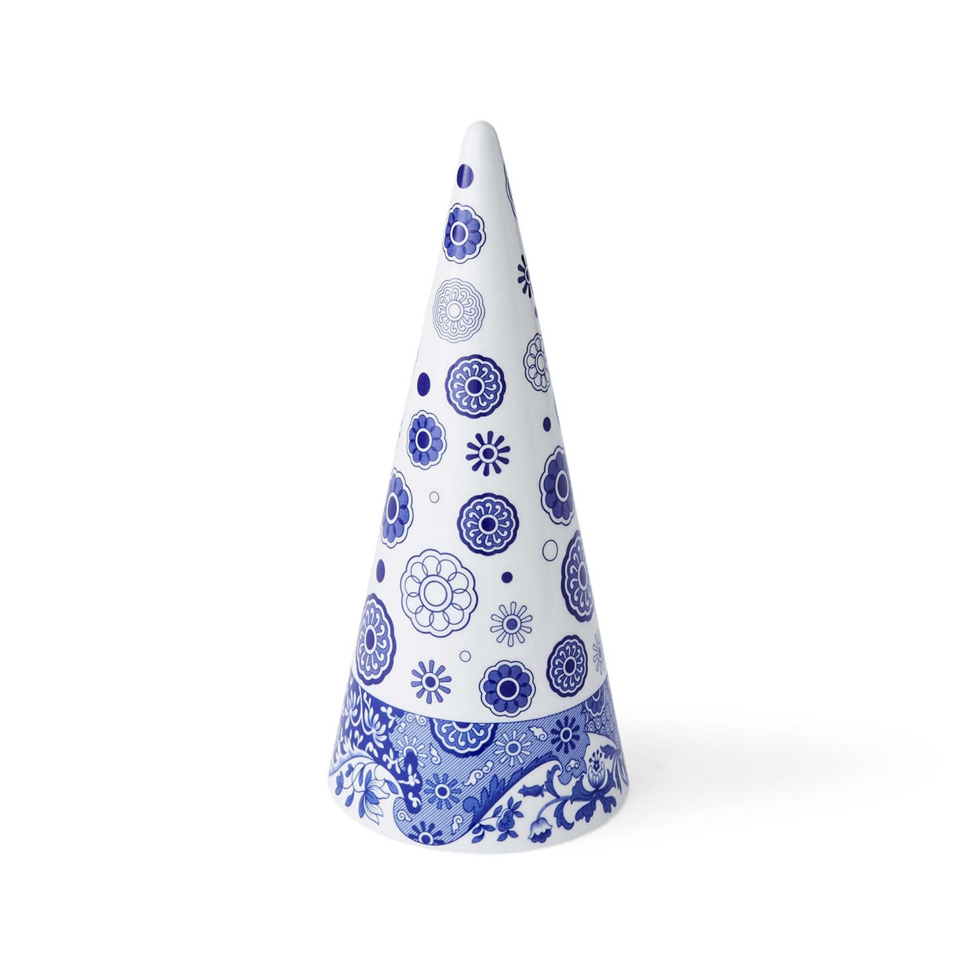 Blue Italian Topiary - 10 Inch Cone Shaped Ceramic Christmas Tree Porcelain Sculpture with Scroll & Spoke Motif - Blue & White Decorative Accent for Table, Mantel, or Dining Room Décor