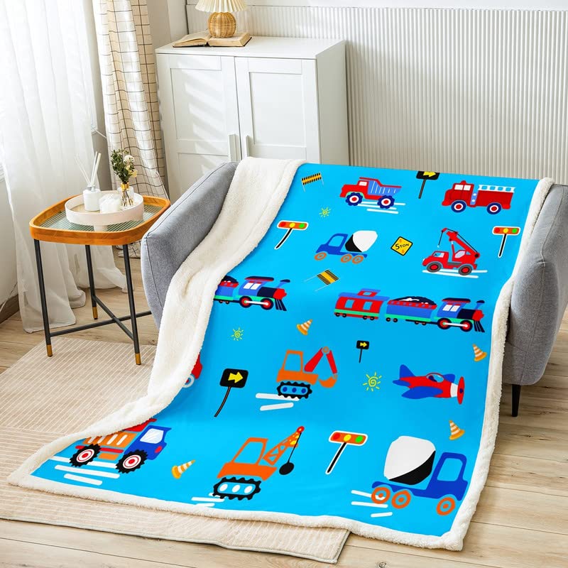 Photo 1 of Feelyou Construction Fleece Throw Blanket Cartoon Car Printed Sherpa Plush Blankets and Throws for Kids Boys Girls Truck Tractor Flannel Fuzzy Blanket for Bed Sofa Couch 60"x80" Multi 25 60" x 80"