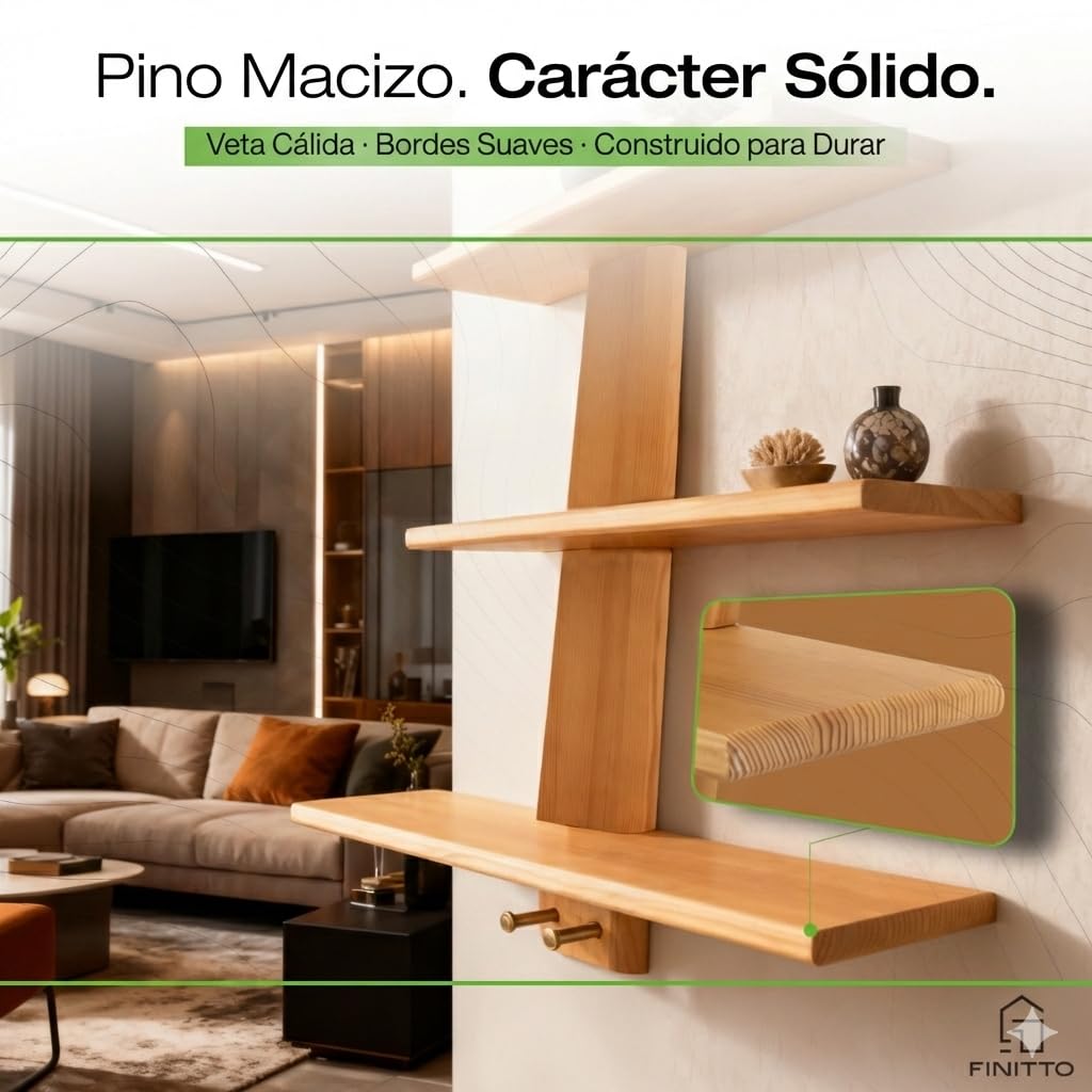Luce Estantería Pared Madera Pino Maciza (58x58cm) | Incluye Nivel | Balda Flotante Modular con Ganchos Latón para Recibidor y Baño | Estructura Robusta para Libros y Decoración
