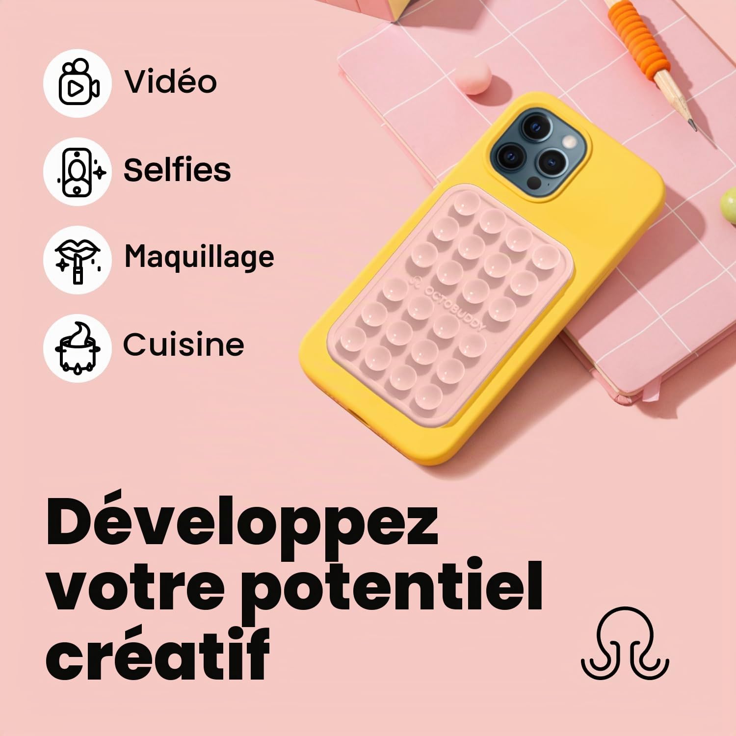 OCTOBUDDY Max || Support adhésif en Silicone pour Coque de téléphone || Compatible avec iPhone et Android, Support d'accessoires Mains Libres antidérapant pour Selfies et vidéos (Max - Rose Craie)