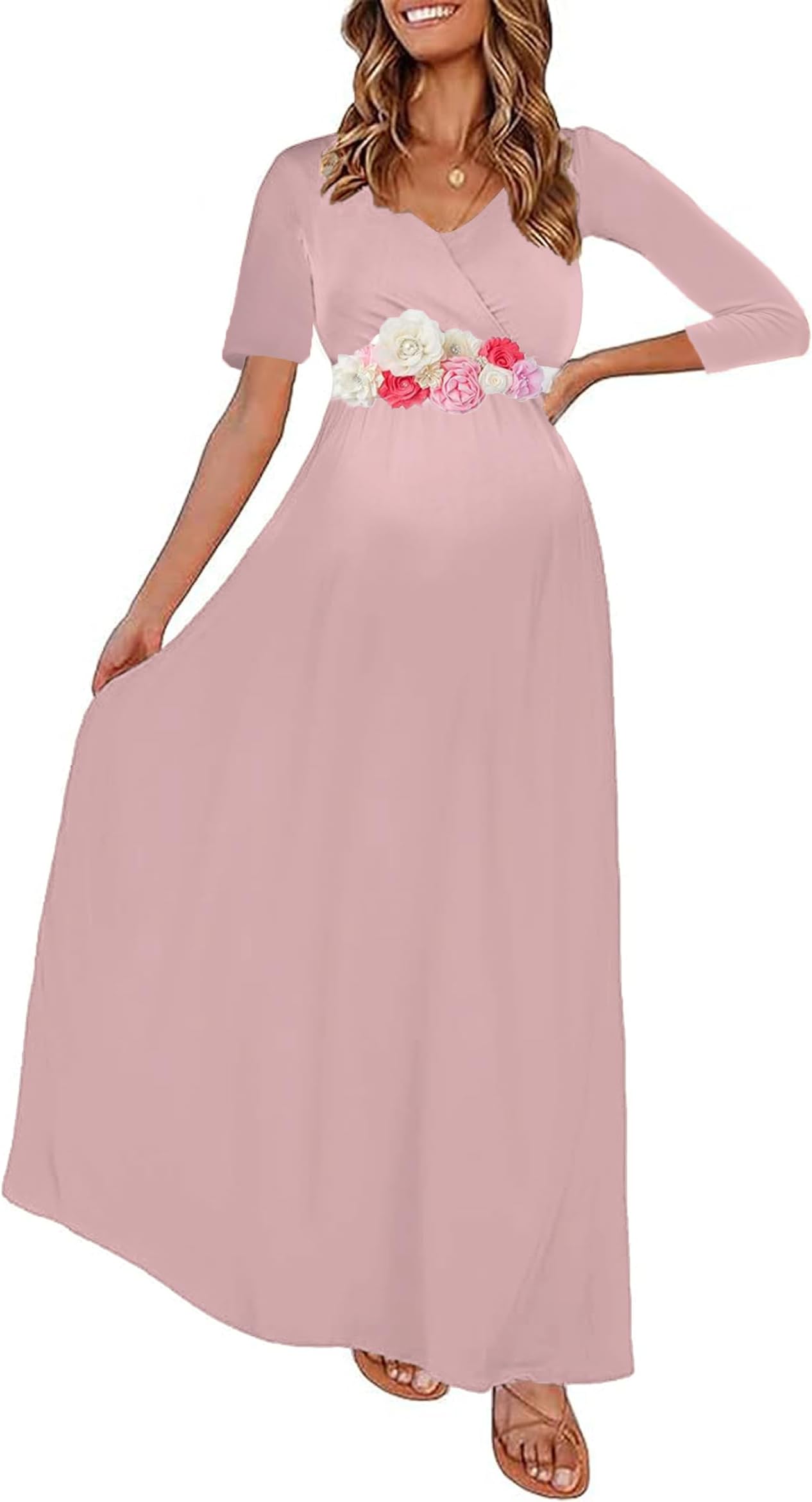 Maternity Maxi Dress with Flower Sash(S-3XL)/Wrapped Ruched V Neck Photoshoot Baby Shower Dresses