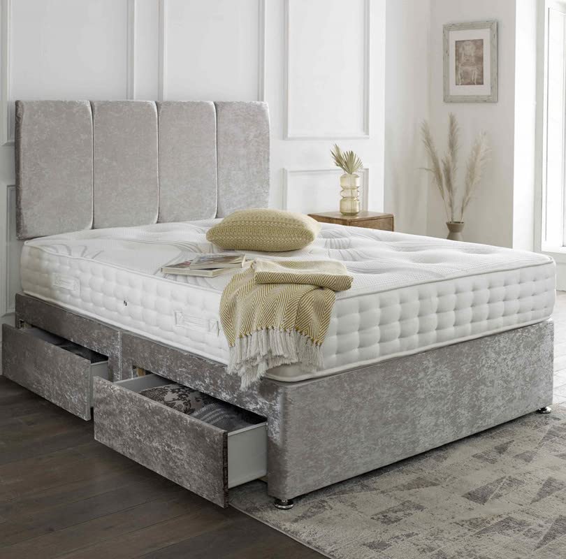 SANA SLEEPDesigner Premium Fabric Divan Bed Set With Pocket Spring Memory Foam Mattress, 4 Drawers and Matching Headboard 4FT6 Double - Steel Crushed Velvet