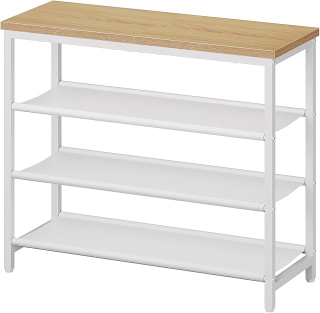 HOOBRO Sac à chaussures avec 3 PU Des étagères, 4-Tier Organisateur de rangement de chaussures pour placard et entrée, tient 9-12 paires de chaussures, cadre métallique robuste, petits espaces, blanc et naturel WN94XJ01