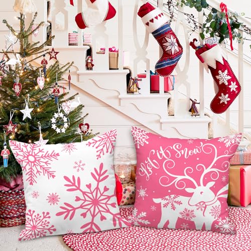 Lanpn White and Pink 45x45 Christmas Pillow Covers Set of 4 - Image 4