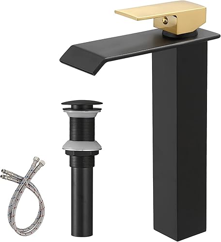 Homevacious Grifo de lavabo de recipiente negro y dorado, grifo de baño de cascada moderno, con drenaje desplegable y línea de suministro de agua, disponible en Yaxa Colombia