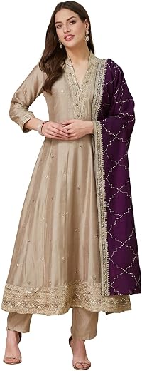 MOKOSH Women’s Silk Anarkali Suit Floral Thread & Sequin Embroidered Kurta Pant Dupatta Set Ethnic Wear
