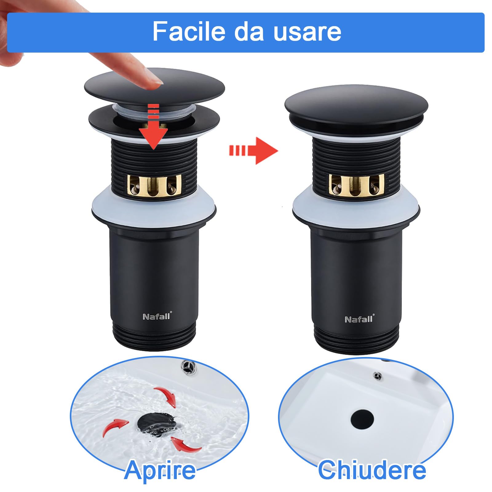 Nafall Piletta Lavabo Bagno - Piletta Per Lavabo Con Troppopieno, Ottone Piletta Click Clack Con Cestello Di Raccolta (Misura Standard G1 1/4", Nero)
