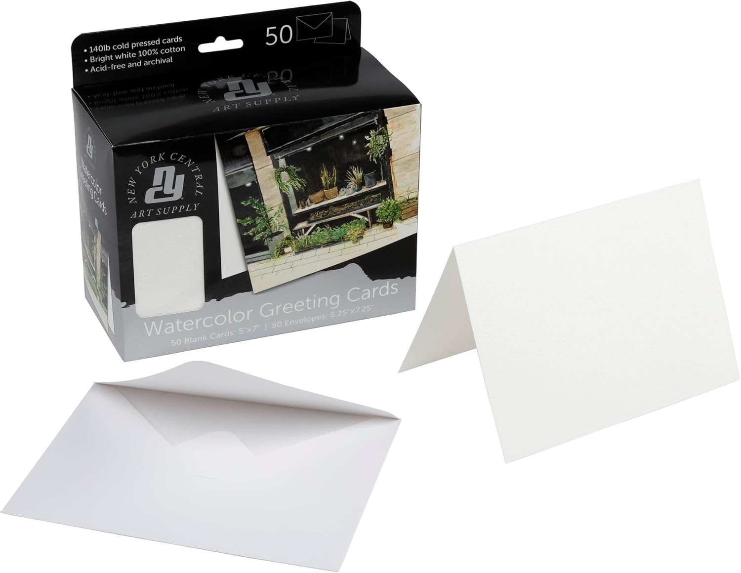 New York Central Folded Watercolor Cards with Envelopes - 5" x 7" - 50-Pack - 140lb Cold Pressed, Bright White 100% Cotton - Archival Acid-Free Watercolor Paper Cards for Artists