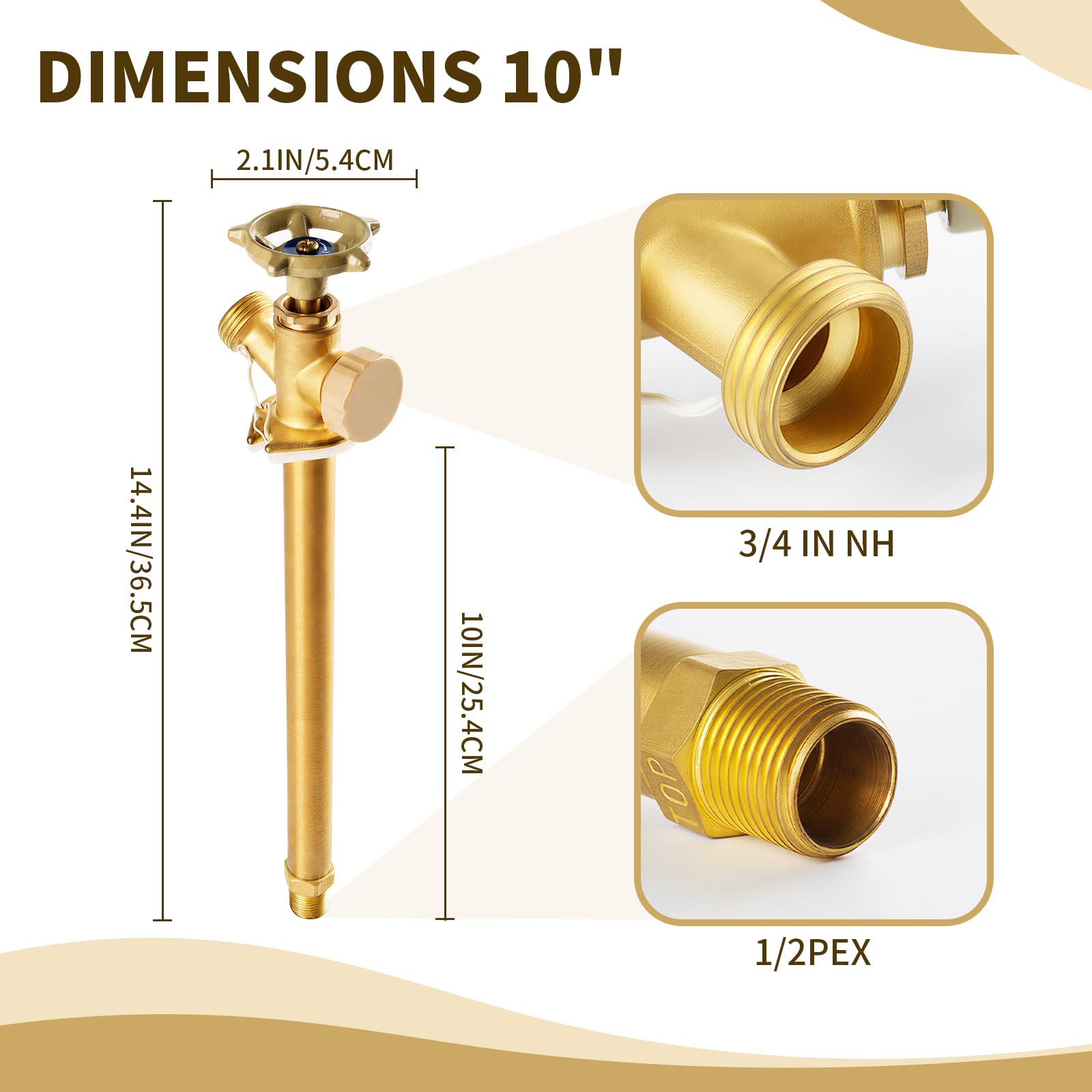 Grifo antisifón de 12 pulgadas sin heladas, MHT de 1/2 x 3/4 pulgadas, accesorio de fontanería de latón de empuje para conectar, tubo PEX, cuerpo de latón chapado en cromo, 12 pulgadas de longitud