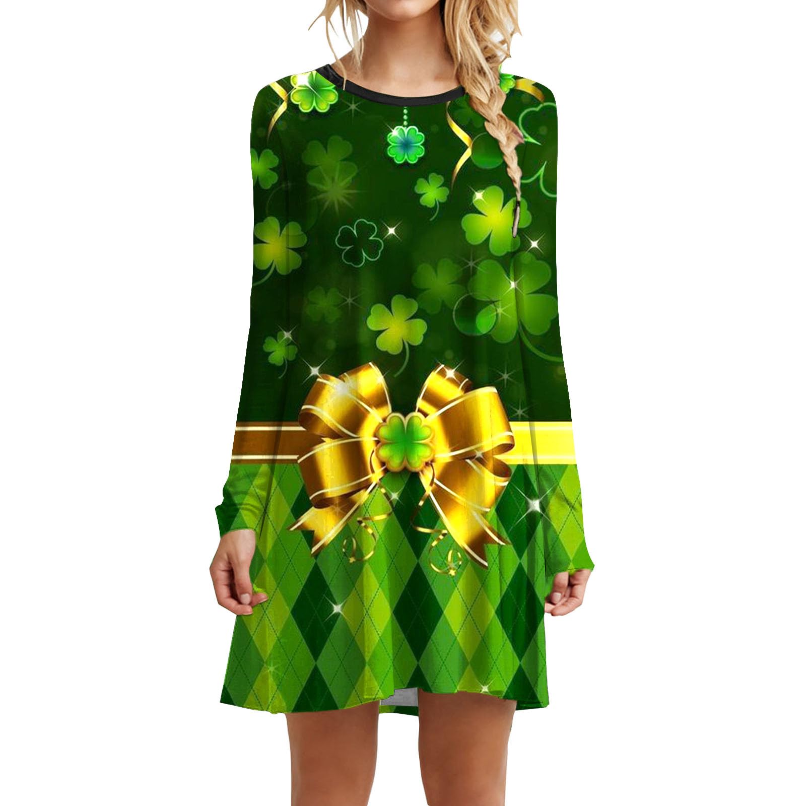 St. Patrick's Day Dress for Women Cute Print Skirt Round Neck Long Sleeve Graphic Loose Sweatshirt Dress Ladies Casual Vintage Midi Dress Dress for Women Plus Size