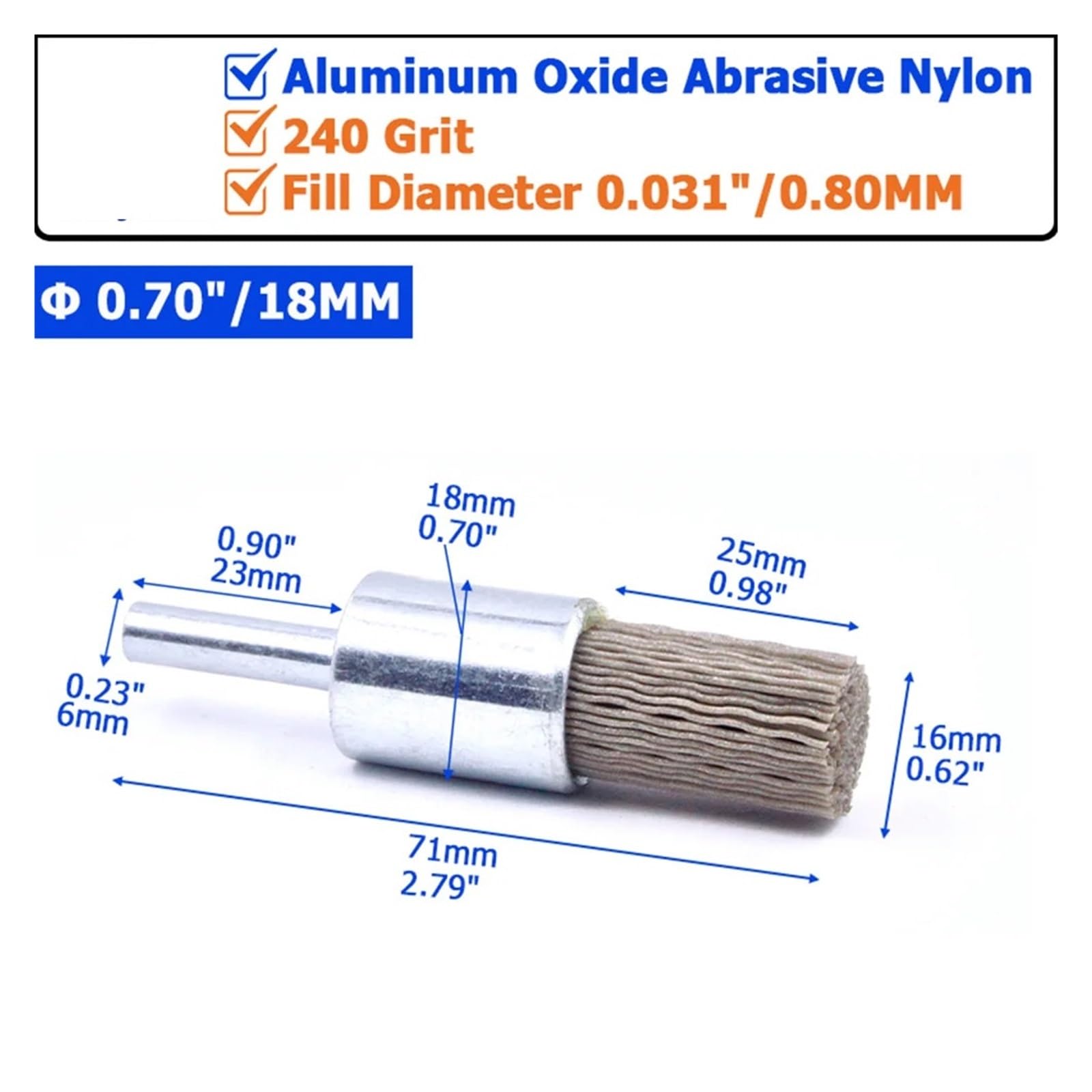 Nasadki szczotkowe do wiertarek, Zestaw szczotek końcowych metalowego koła garnkowego Wiertło Tlenek glinu Nylon ścierny 4-28 mm, ziarno 240-500(0.70in(18mm) 240Grit)