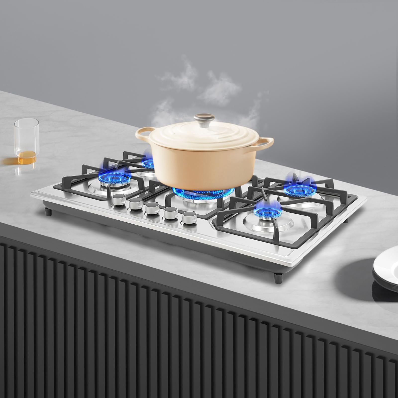 Cocina de gas, 5 fuegos, diseño de quemadores, control de temperatura independiente, encendido electrónico, acero inoxidable, para restaurantes, familias grandes