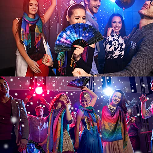 Qunclay 2 Pcs UV Glow Large Rave Hand Fan Jacquard Scarf Shawl Pashmina for Women Party Dance on Festivals3